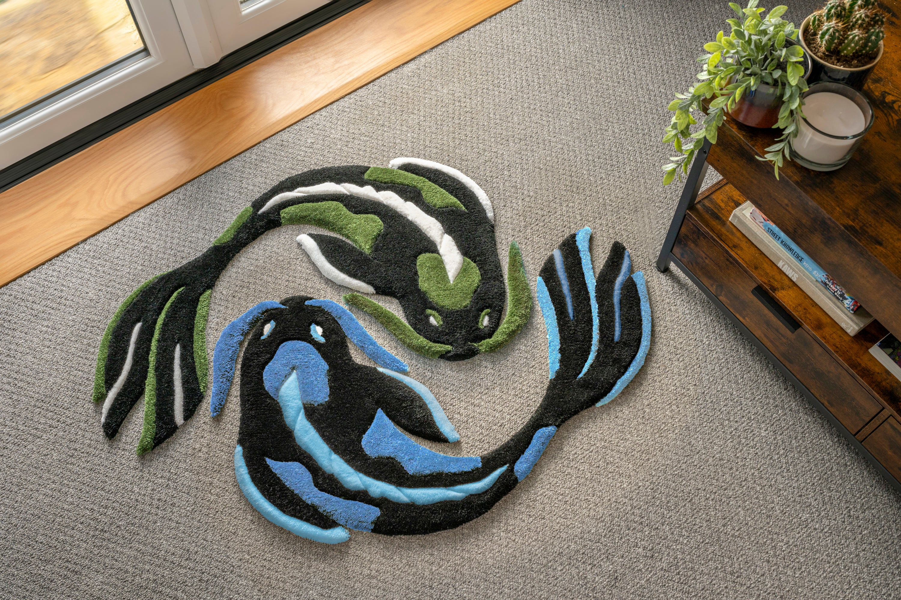 Blue and green koi fish rugs arranged in a yin yang formation, creating a balanced Japanese-inspired statement piece.
