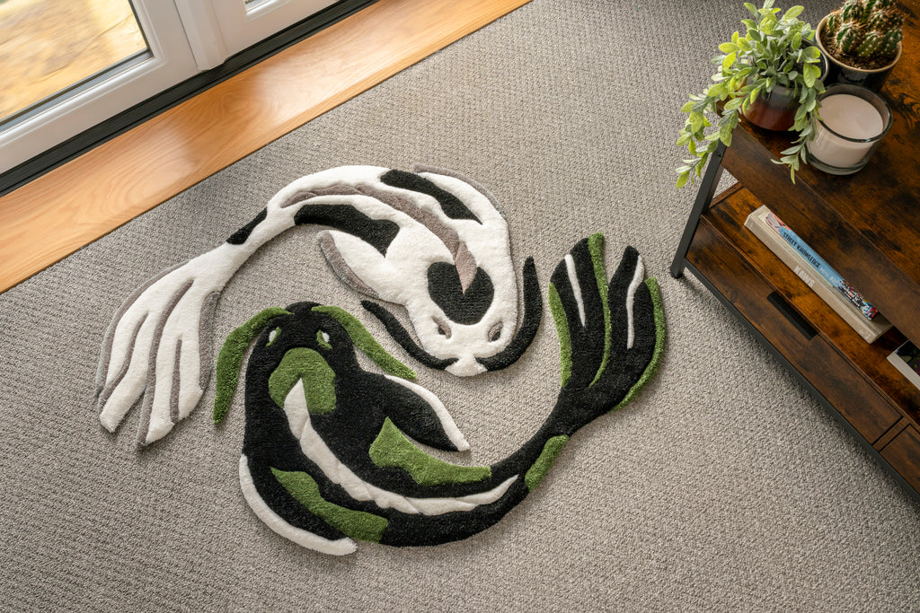 Dark green and white koi fish rugs arranged in a yin yang formation, creating a balanced Japanese-inspired statement piece.