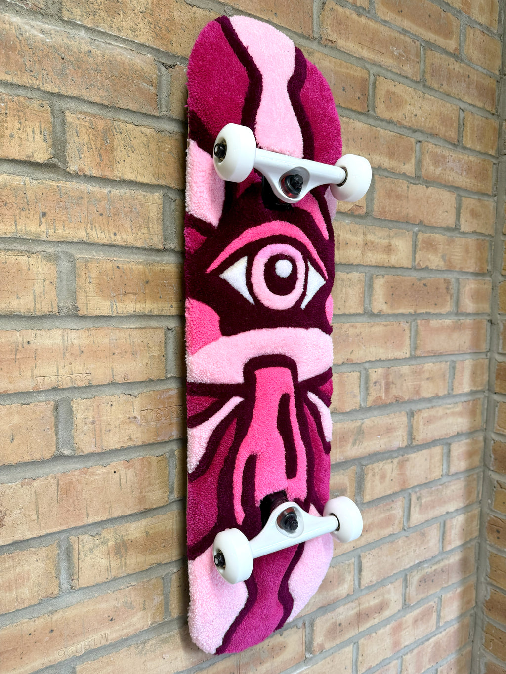 Side profile of the Psychedelic Mushroom Rugboard mounted on a skateboard deck showing depth and texture.